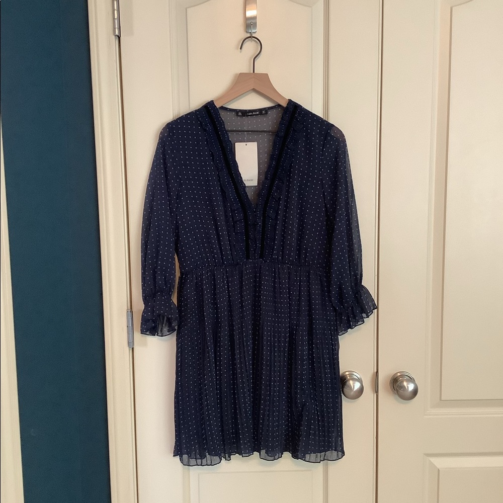 Zara Pleated Polka Dot Navy Mini Dress Large